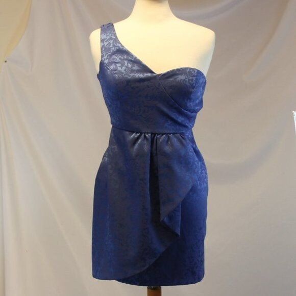 Blue One Shoulder Asymmetrical Brocade Dress M - Picture 7 of 7